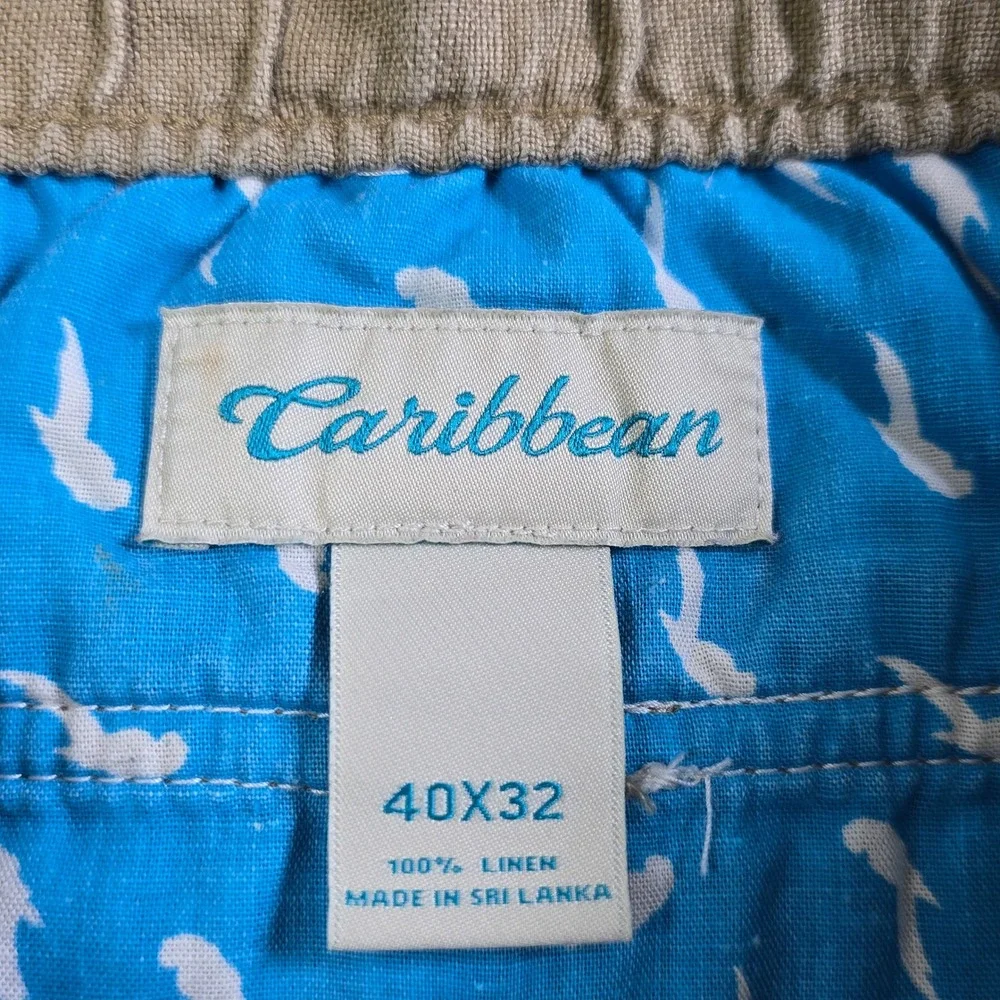 Caribbean Mens 100% Linen Pants Tan Khaki Elastic Drawstring Casual 40x32 (26.5)